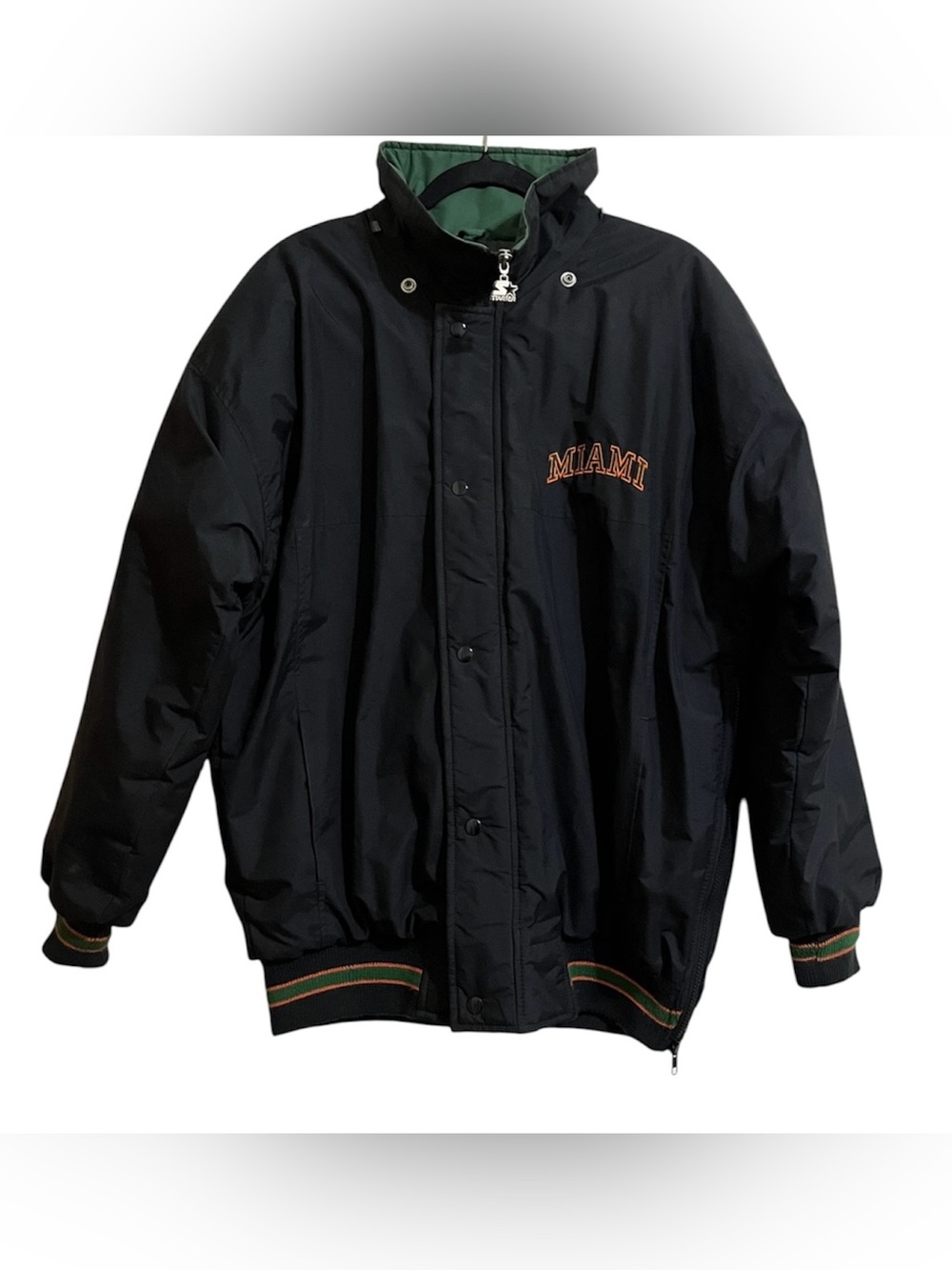 Vintage STARTER 90’s Black University of Miami Hurricanes Bomber Jacket Medium - Picture 2 of 11